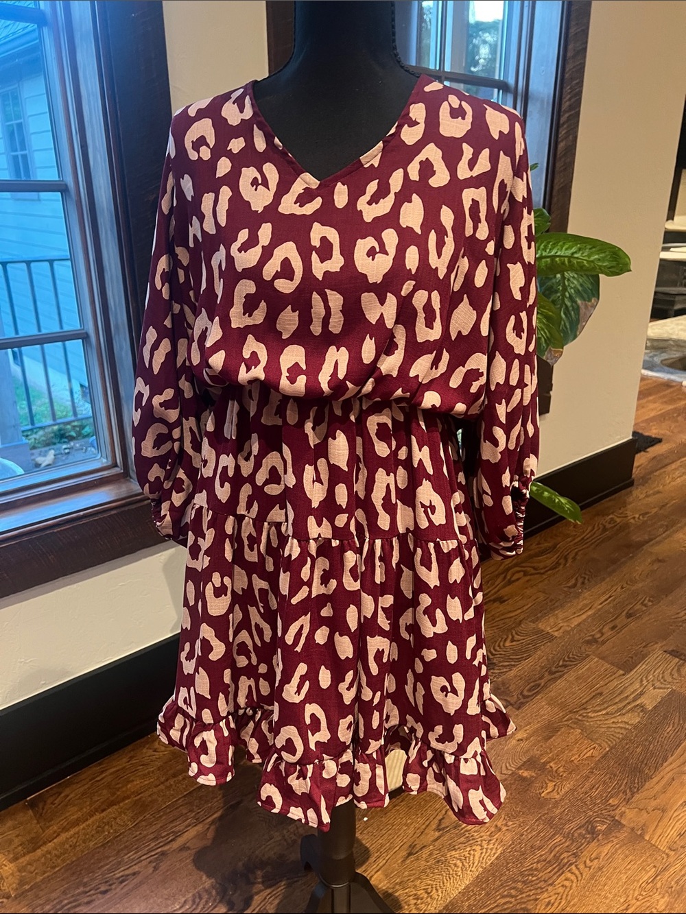 Women's Burgundy & Cream Leopard Print V-Neck Mini Dress